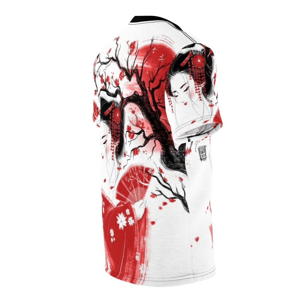 Red and white geisha girl sketch design on a t-shirt - men right