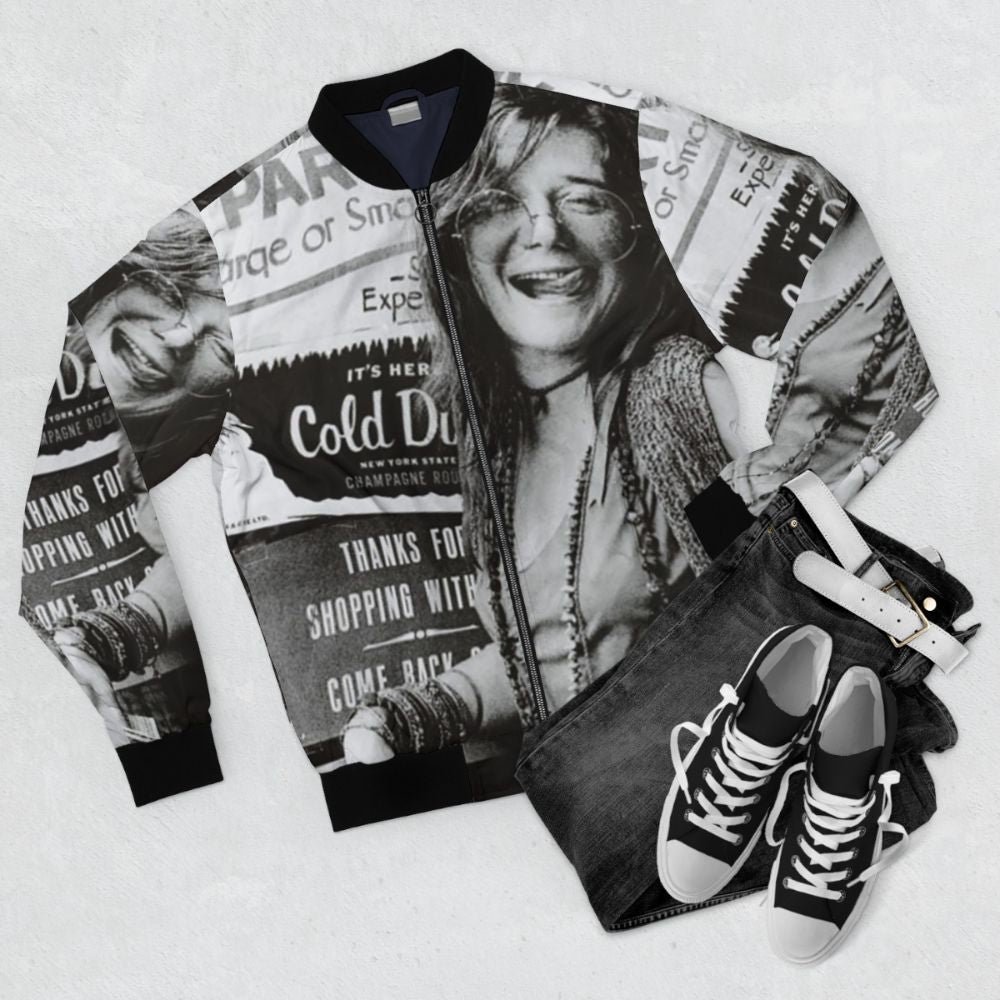 Vintage Janis Joplin bomber jacket with 60s retro Woodstock-inspired design - Flat lay