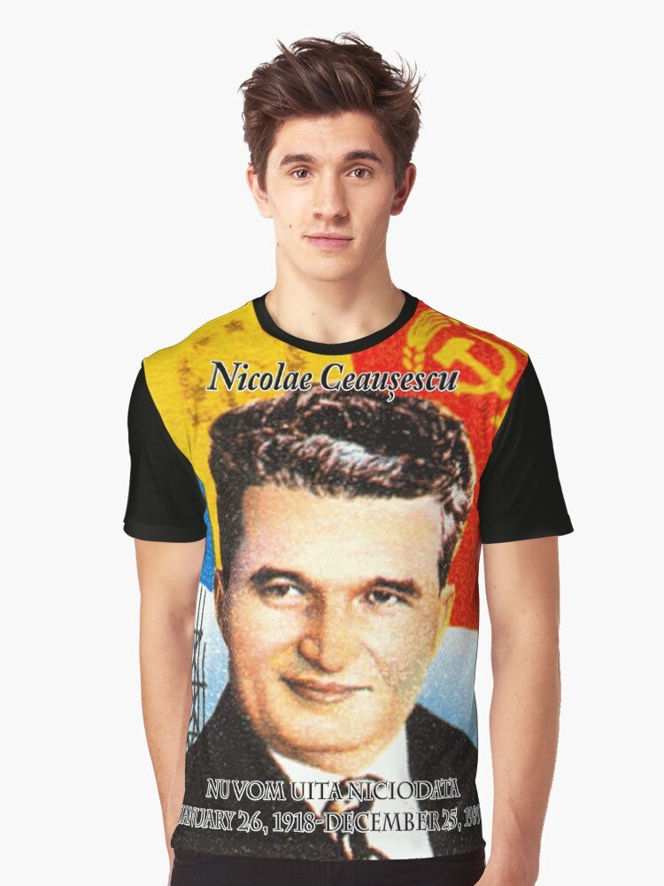 T-shirt with a graphic design featuring Nicolae Ceaușescu, the former communist leader of Romania. - Men