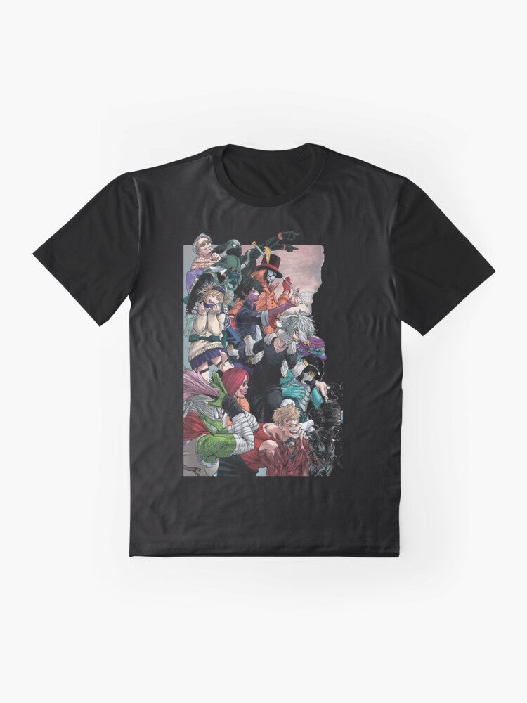 League of Villains graphic anime t-shirt with a bold, stylish design - Flat lay