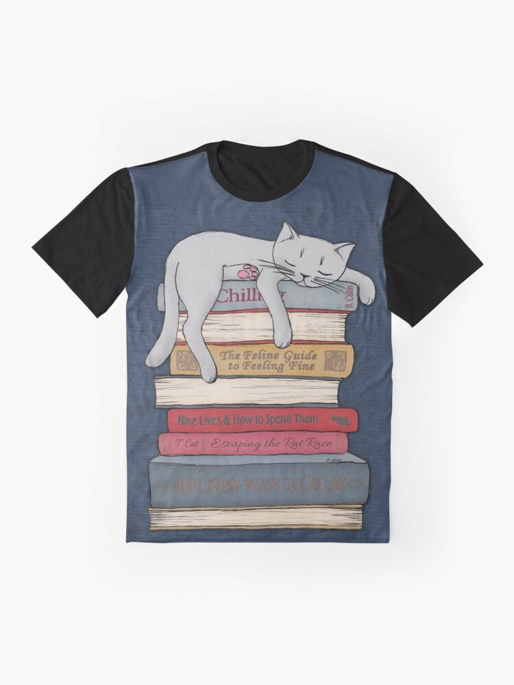 A graphic t-shirt design featuring a sleeping cat with the text "How to Chill Like a Cat" - Flat lay