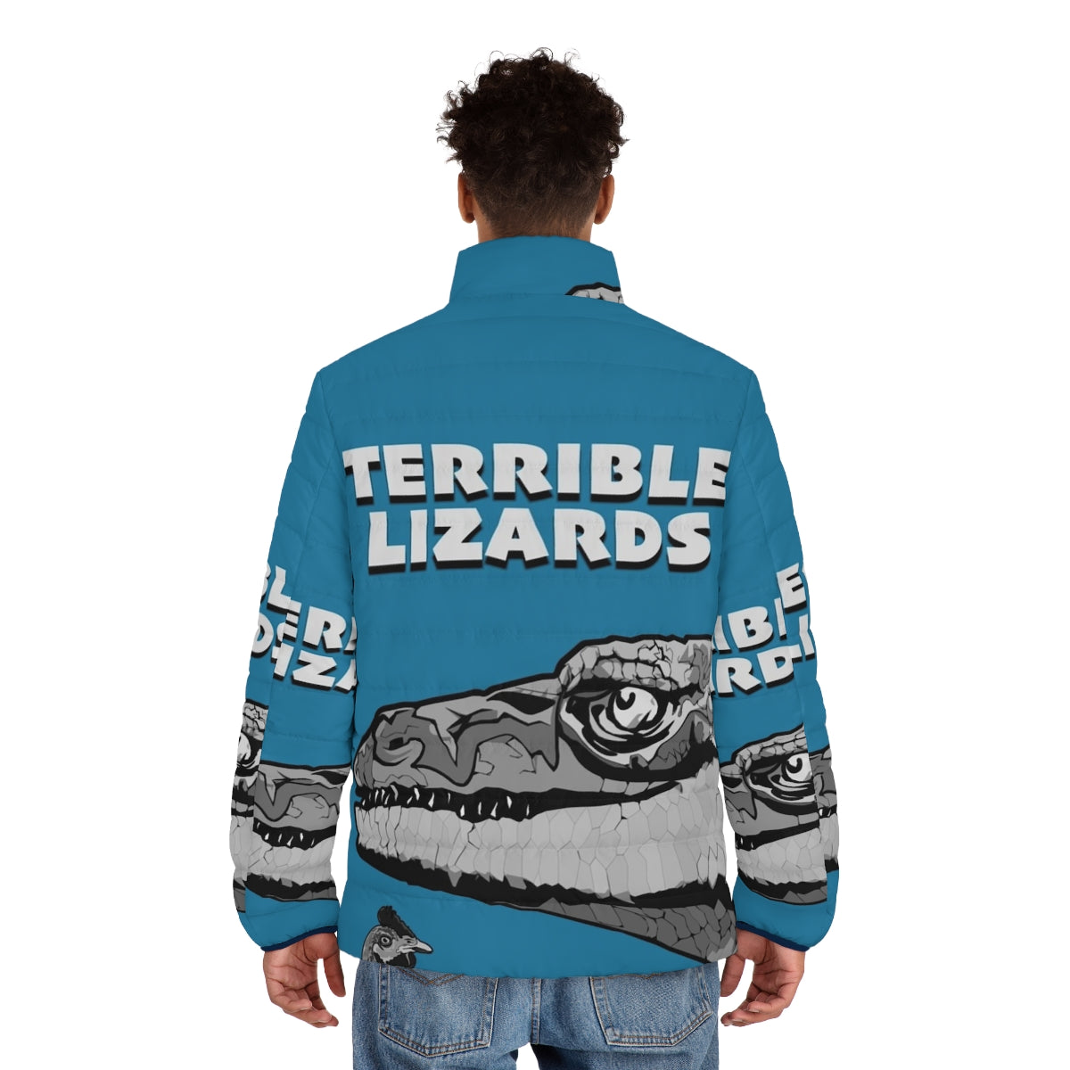 Puffer jacket featuring a megalosaurus dinosaur design - men back