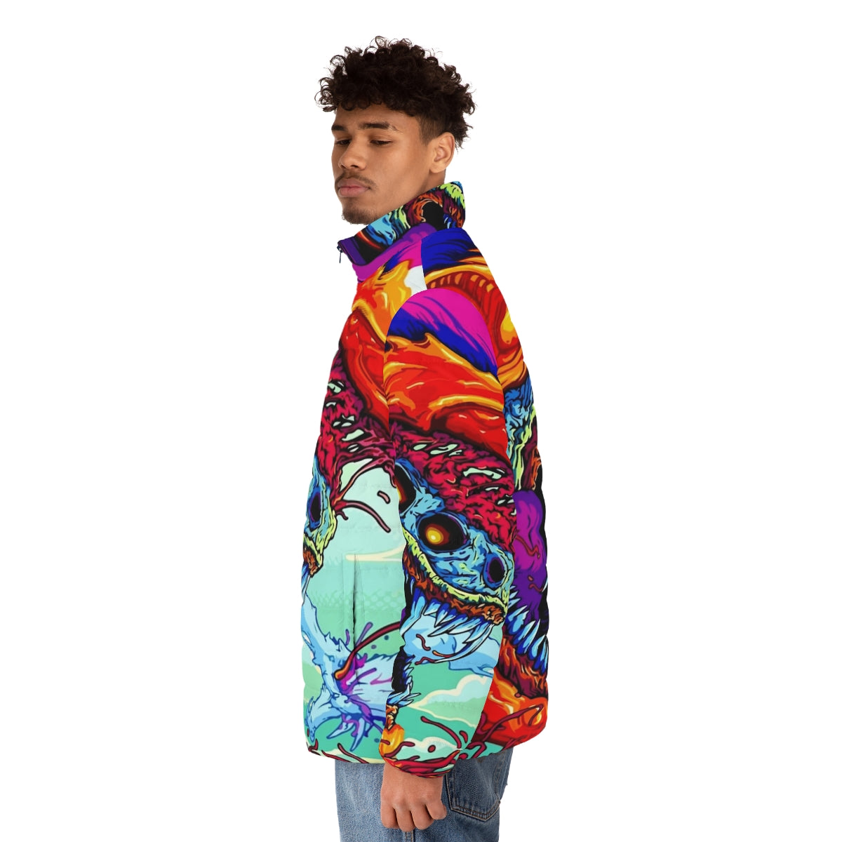 Hyper Beast puffer jacket with vibrant, abstract gaming-inspired design - men side left