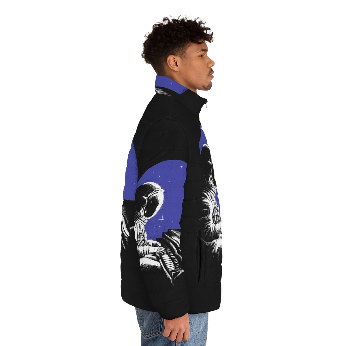 A sleek, black puffer jacket featuring a space-inspired design with stars, planets, and a cosmonaut helmet. - men side right