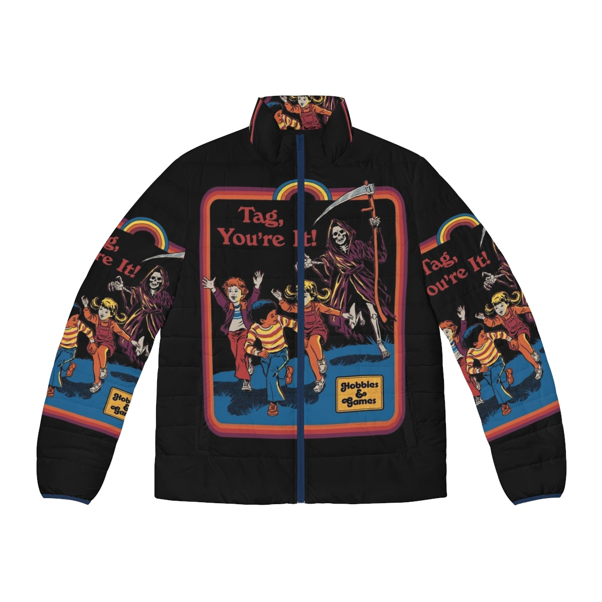 Retro puffer jacket with spooky grim reaper design