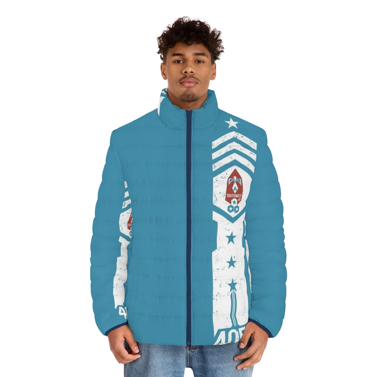 A puffer jacket with the 405th Southwest Regiment insignia, inspired by the Halo video game franchise and Master Chief's iconic Mjolnir armor. - men front