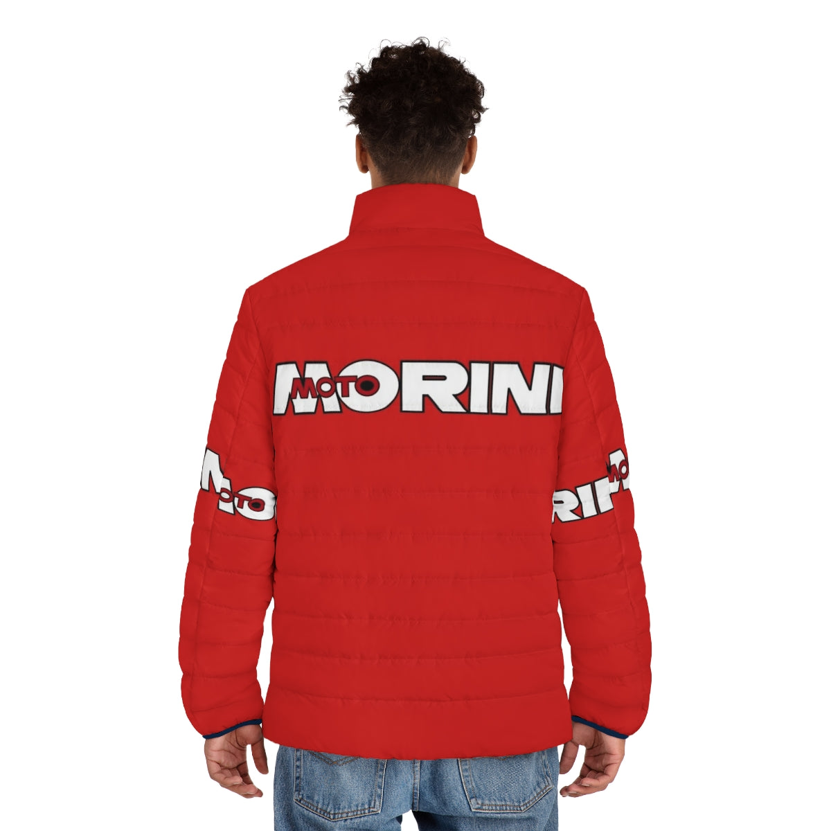 Retro Moto Morini graphic puffer jacket in classic Italian motorcycle style - men back