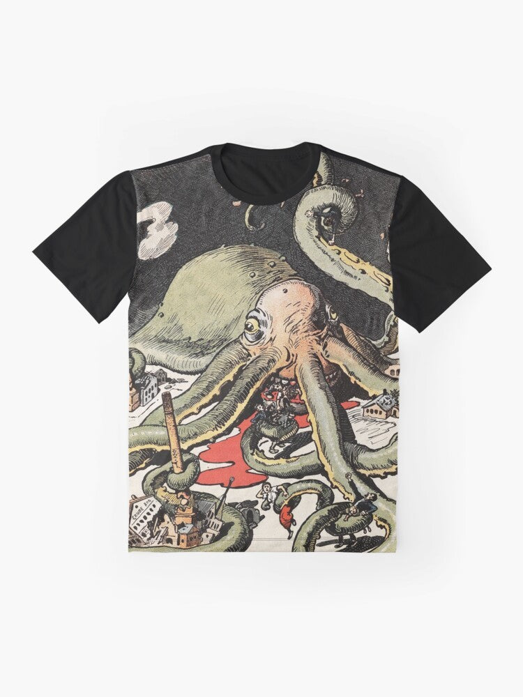 Creepy vintage-inspired graphic t-shirt featuring a Lovecraft-inspired horror design - Flat lay