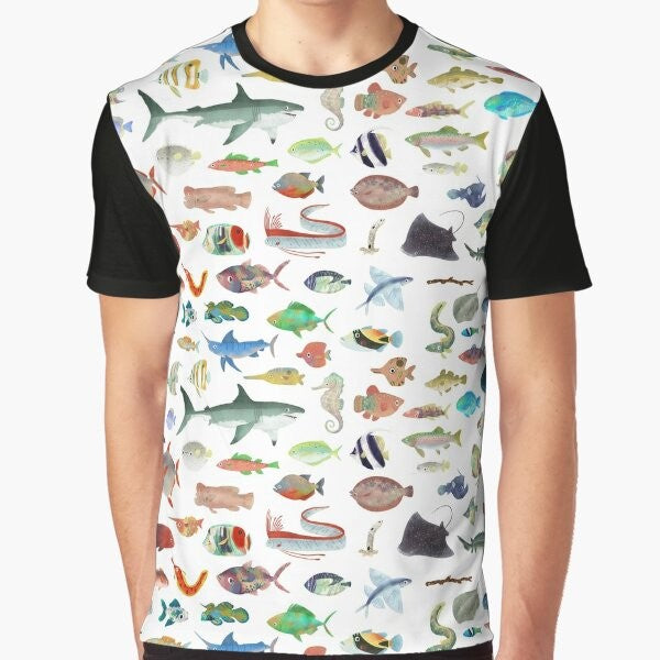 One Hundred Fish Graphic T-Shirt featuring a vibrant marine life design with sharks, whale sharks, and other ocean creatures