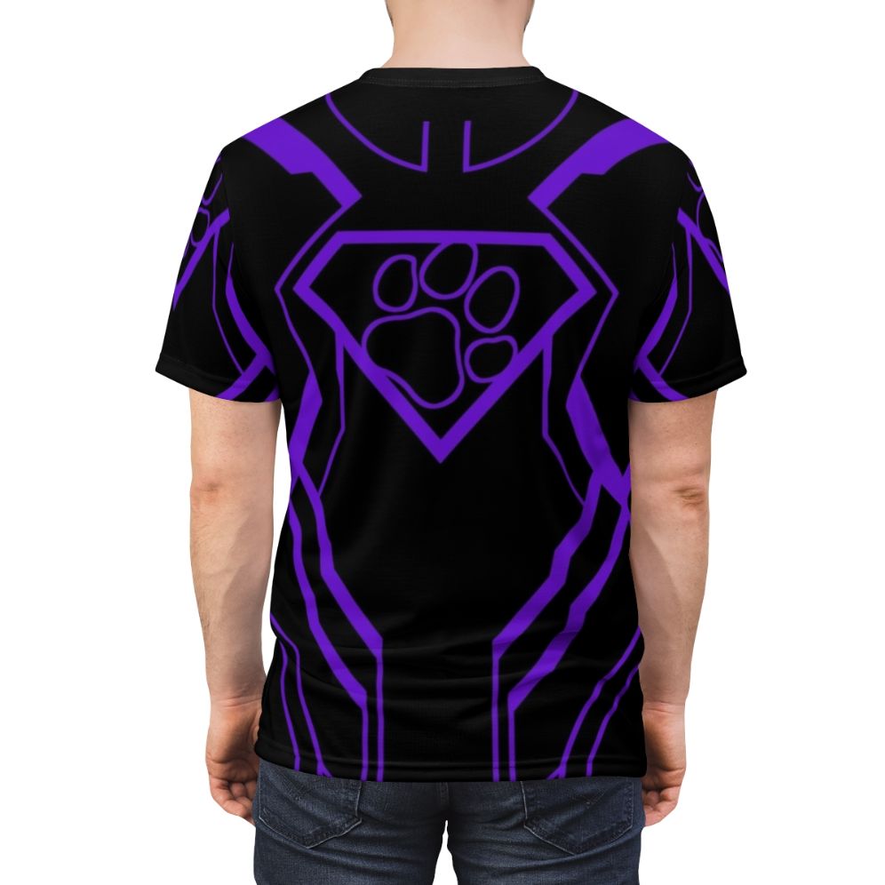 Superpup-inspired purple all-over print t-shirt with superhero and pop culture parody graphics - men back