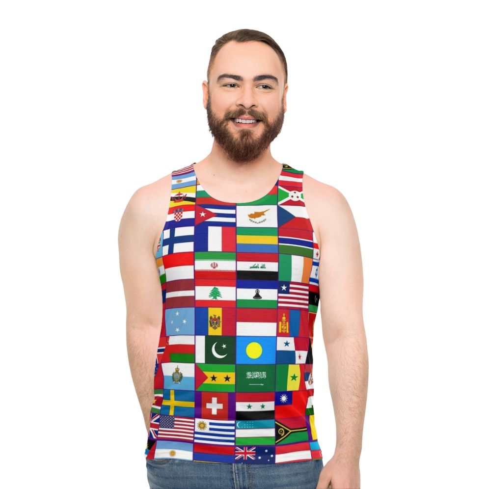 Unisex tank top with vibrant world flags design - men