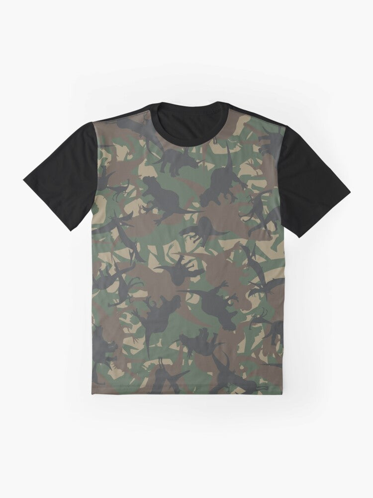 Camouflage dinosaur graphic t-shirt with Camosaurus camo pattern - Flat lay