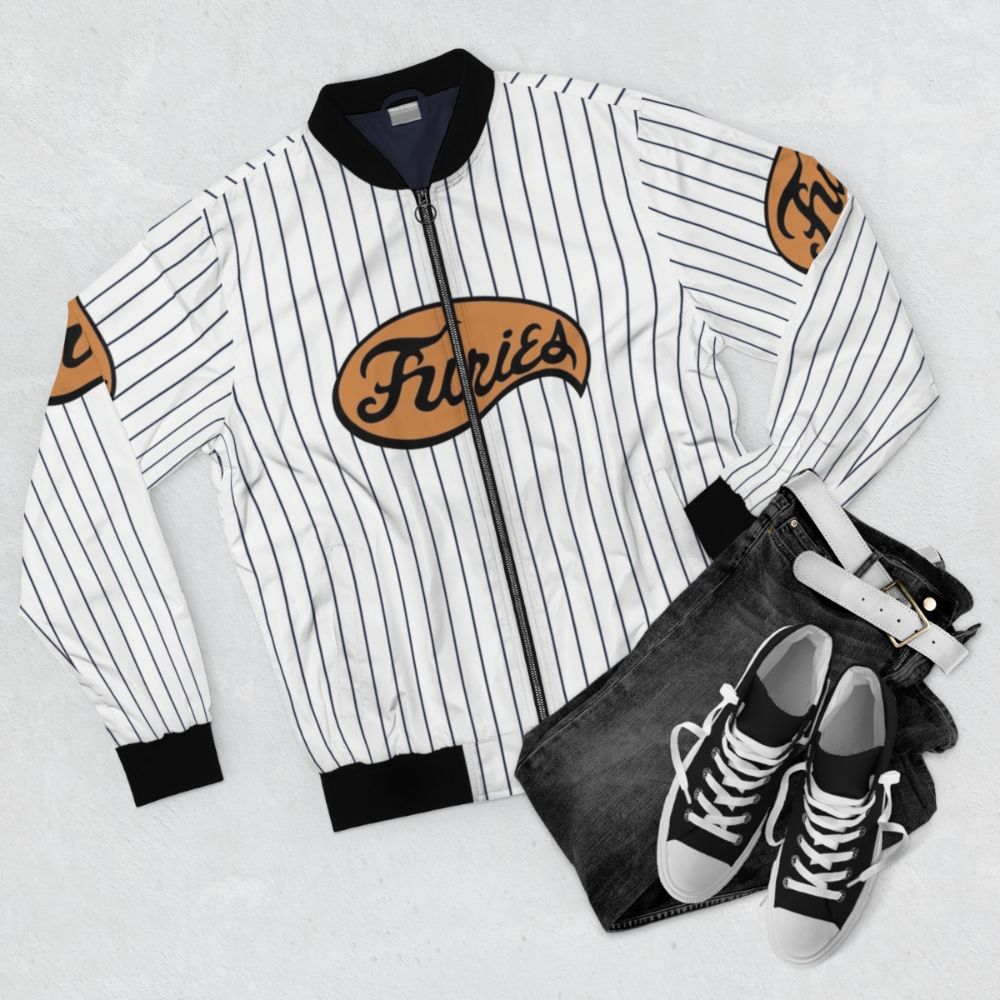 The Warriors Furies Bomber Jacket featuring iconic 80s movie design - Flat lay