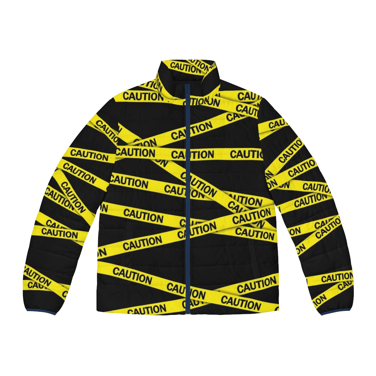 Caution tape puffer jacket with bold, high-visibility design