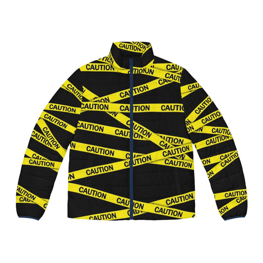 Caution tape puffer jacket with bold, high-visibility design