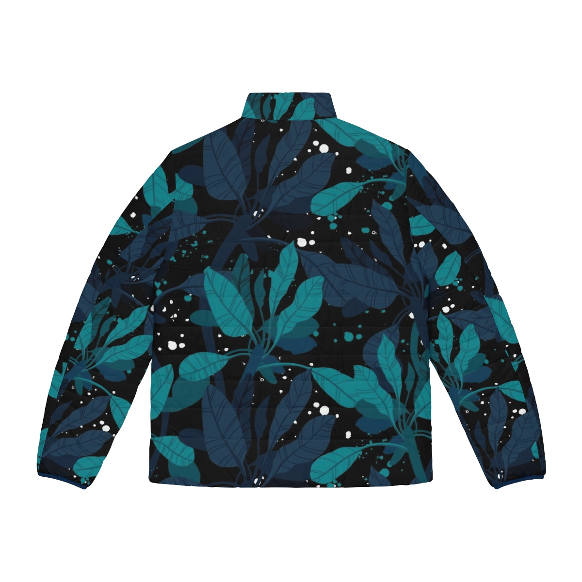 A dark puffer jacket with a vibrant Hawaiian pattern and bioluminescent-inspired floral design - Back