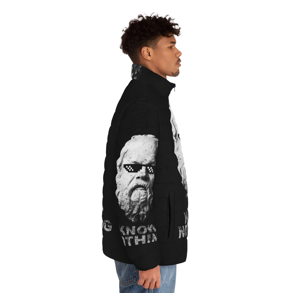 "Know Nothing" Puffer Jacket - Embracing the Philosophical Skepticism of Socrates - men side right