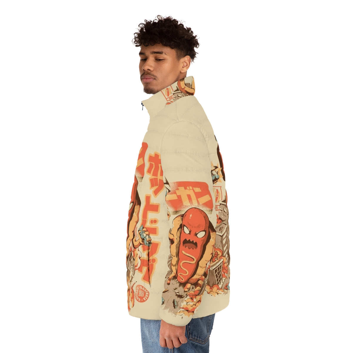 Hot dog puffer jacket with Japanese-inspired retro anime design - men side left