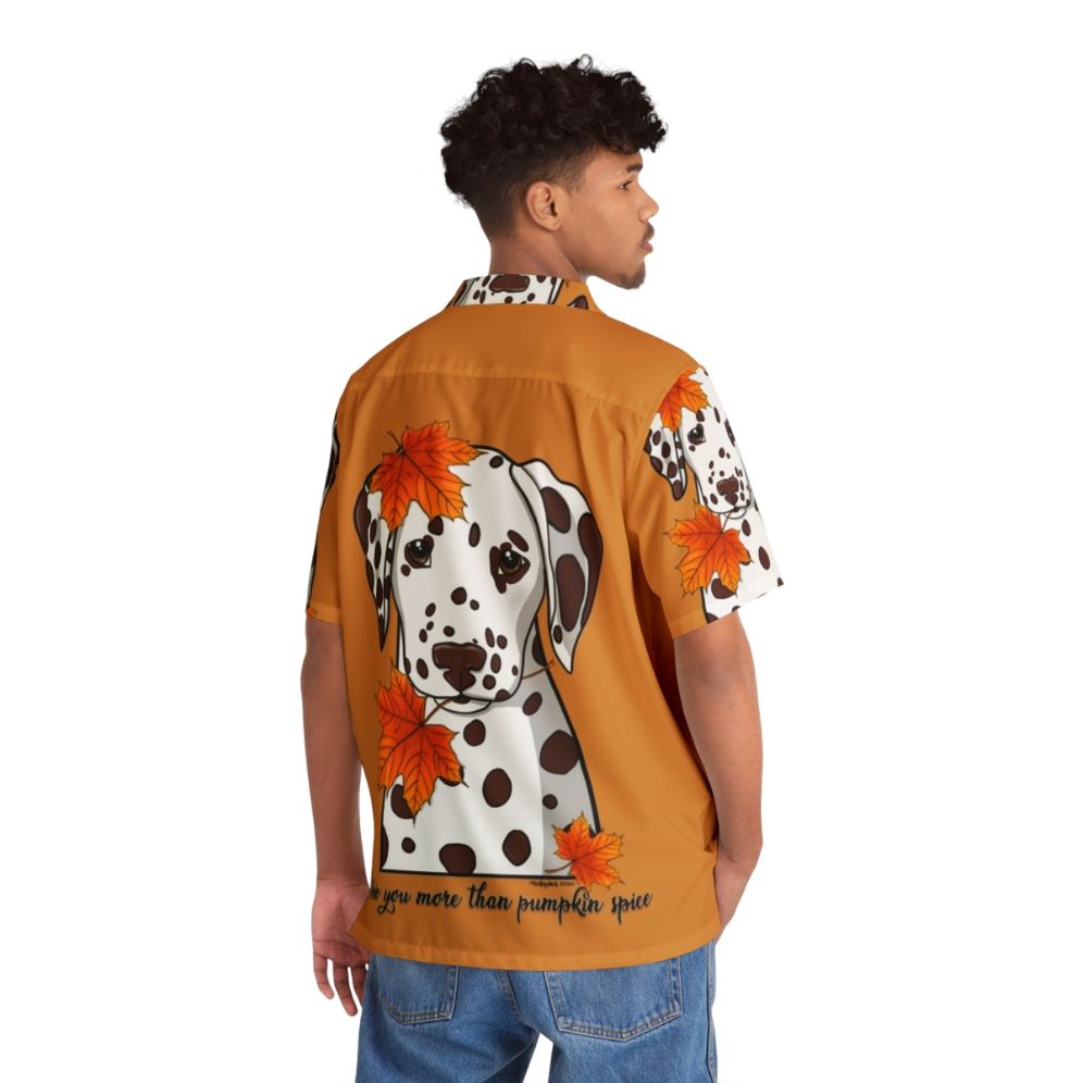 Dalmatian wearing a Hawaiian shirt with pumpkin spice and autumn leaves - People Back