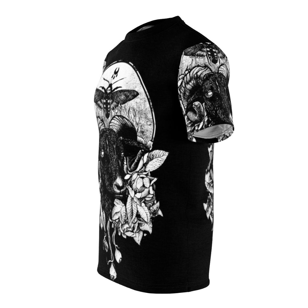 Mystical gothic-inspired t-shirt design featuring dark nature, occult symbols, animals, and floral artwork - men left