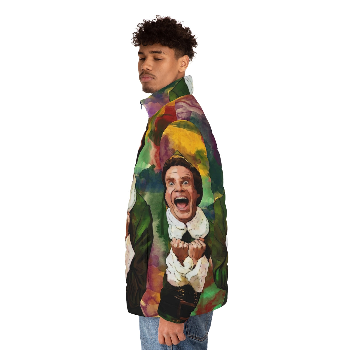 Elf-inspired puffer jacket with holiday graphics and colors - men side left