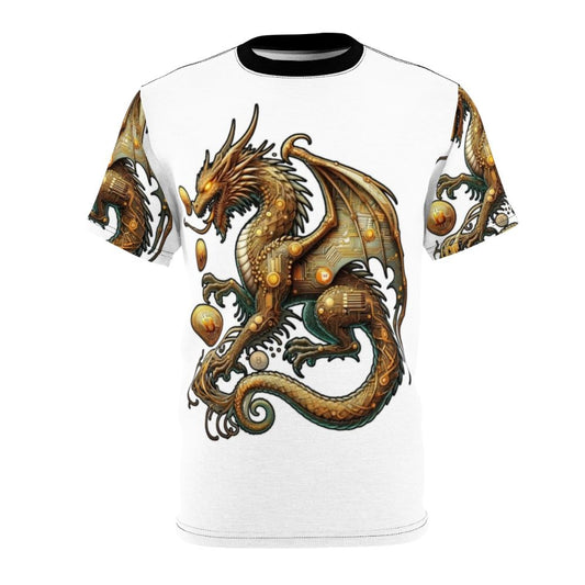 T-shirt featuring a dragon design with Bitcoin, cryptocurrency, and blockchain symbols.