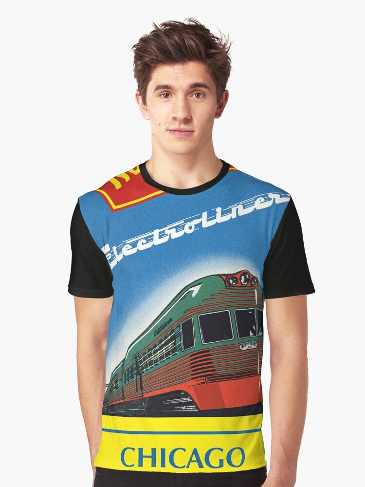 Vintage graphic t-shirt featuring the North Shore Electroliner, a historic electric train that operated in the Midwest. - Men