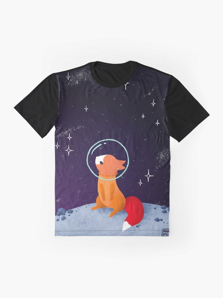 A digital illustration of a cute red fox wearing an astronaut suit, exploring the galaxy with a starry background. - Flat lay