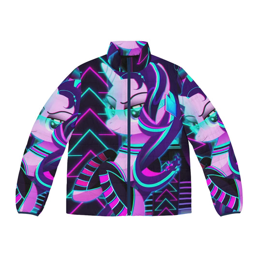 Synthwave Starlight Glimmer puffer jacket featuring retro 80s neon design