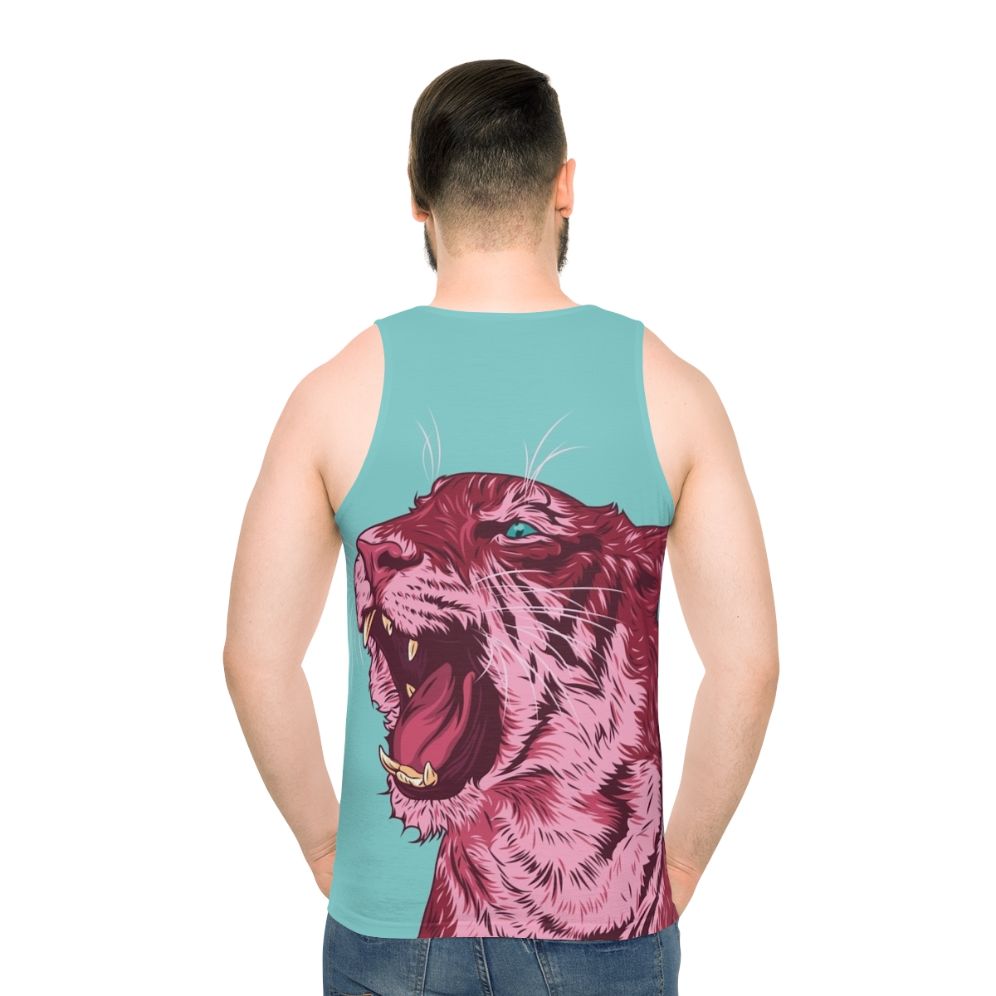 Magenta tiger vector art on unisex tank top - men back