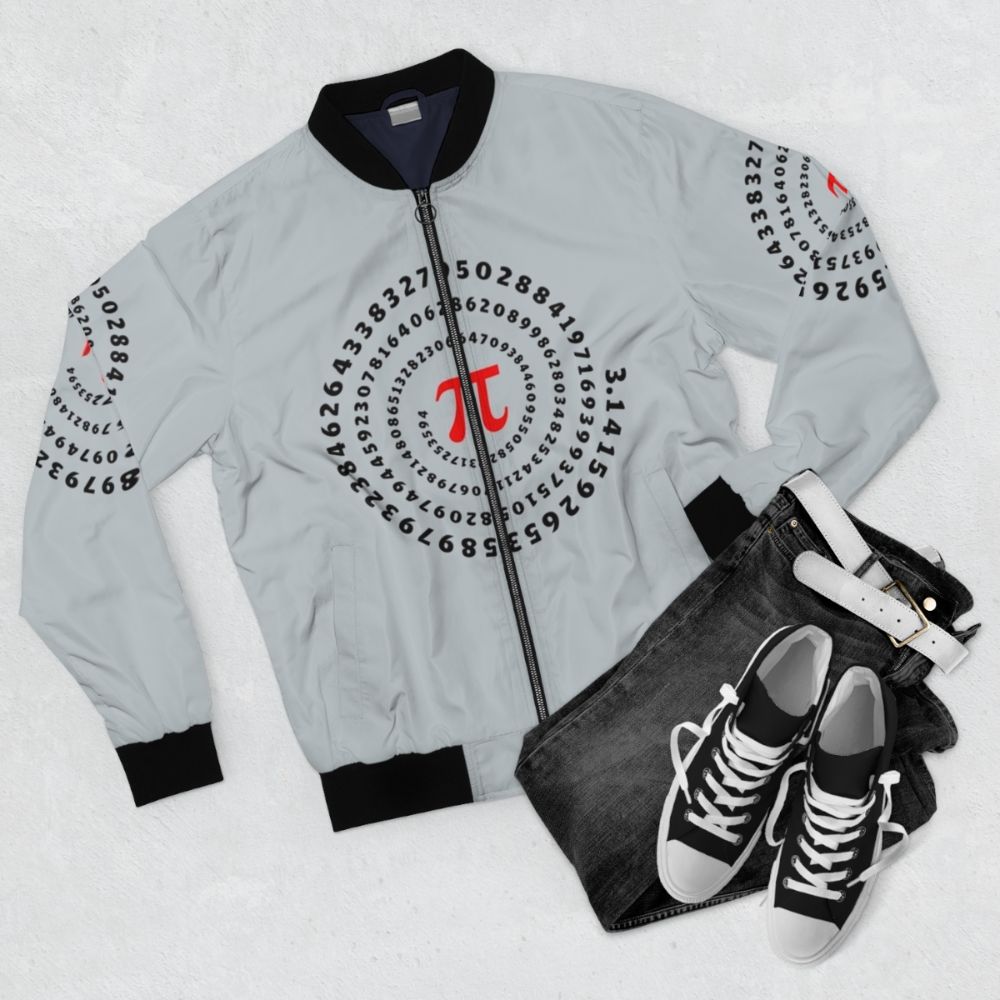 Bomber jacket featuring a print of the mathematical symbol pi (π) and a spiral design, representing science and mathematics. - Flat lay