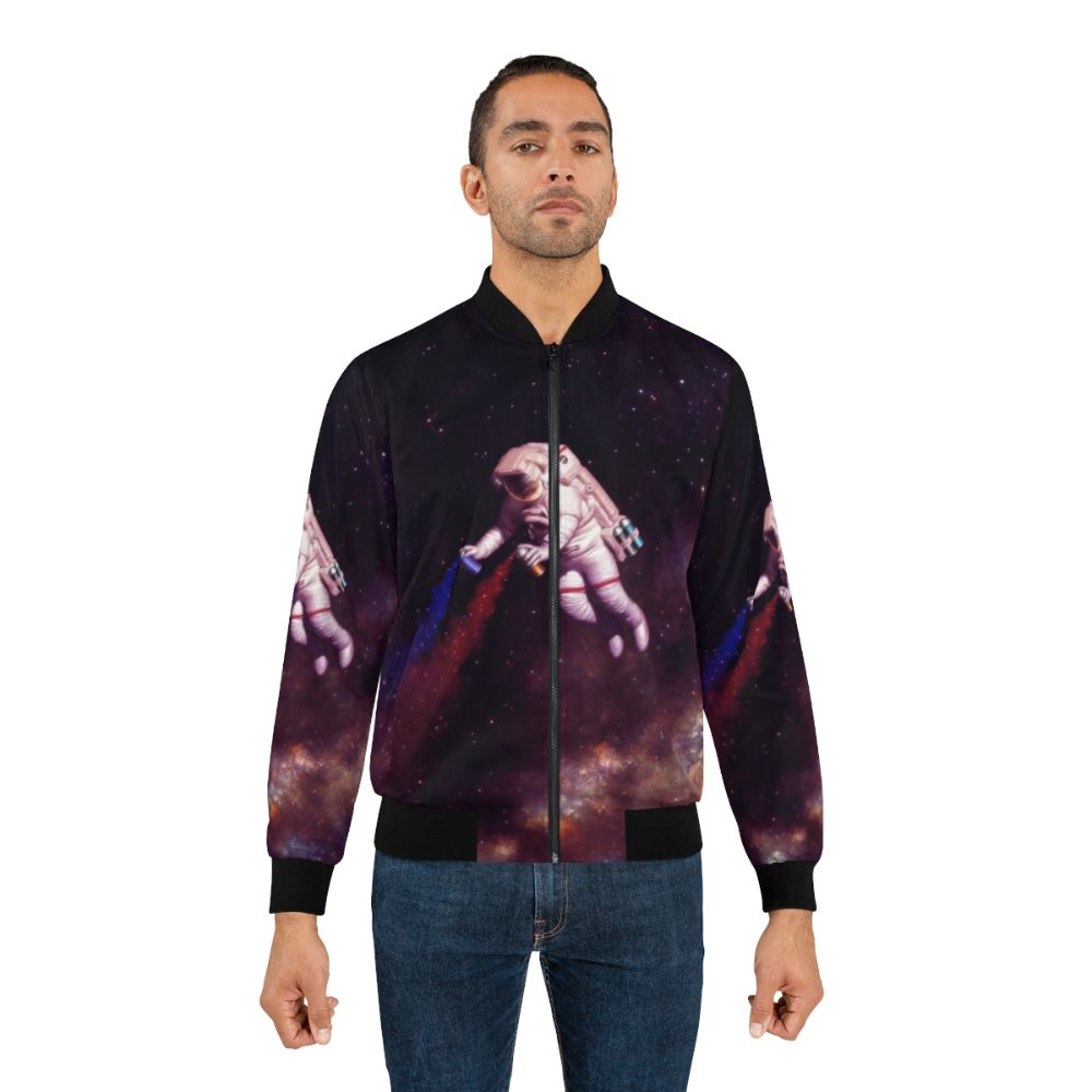 Colorful galaxy-themed bomber jacket with astronaut and spray paint design - Lifestyle