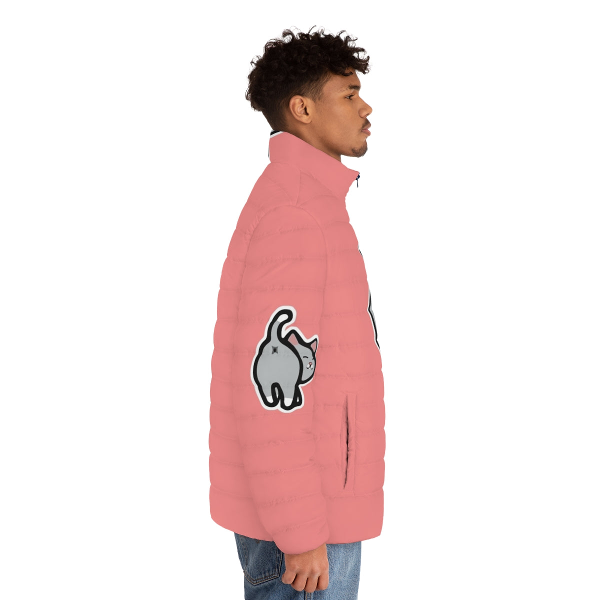 Puffer jacket with a quirky and hilarious cat butt design, perfect for cat lovers and social media enthusiasts - men side right