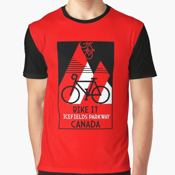 Graphic T-shirt design featuring a cyclist riding on the Icefields Parkway in the Canadian Rockies, Alberta, Canada