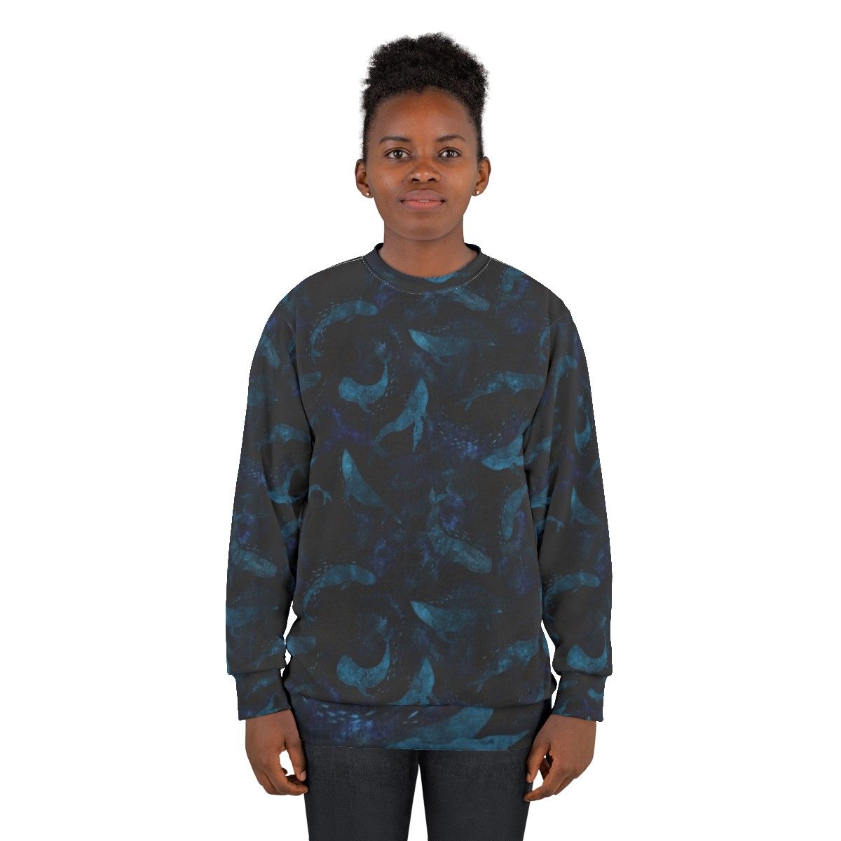 Indigo blue sweatshirt with a design of whales dancing underwater - women