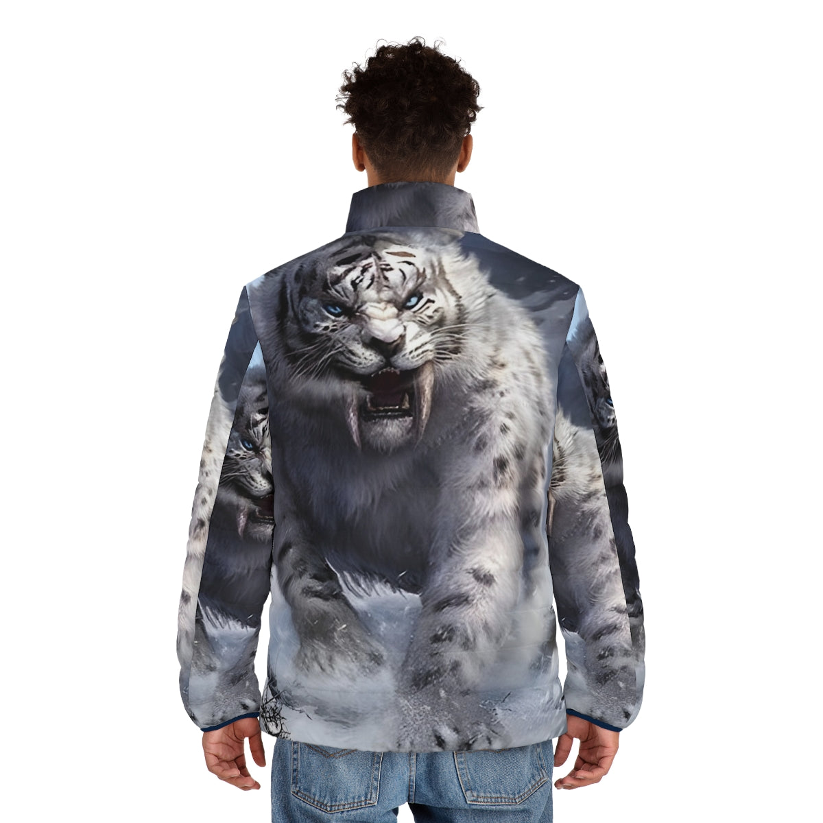 White sabertooth tiger puffer jacket with realistic animal print design - men back