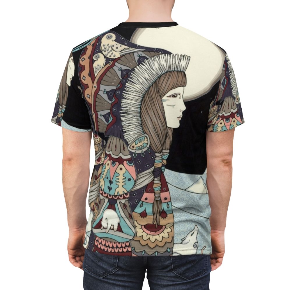 Eco-friendly all-over print t-shirt depicting Sedna, the Inuit goddess of the sea and marine animals. - men back