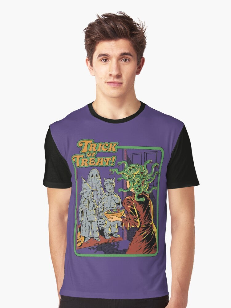 Vintage-style Halloween graphic t-shirt with "Trick or Treat" design featuring Medusa and snakes - Men