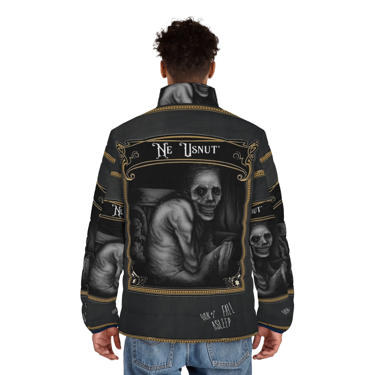 "Don't Fall Asleep" puffer jacket with eerie, unsettling design inspired by the Russian Sleep Experiment - men back