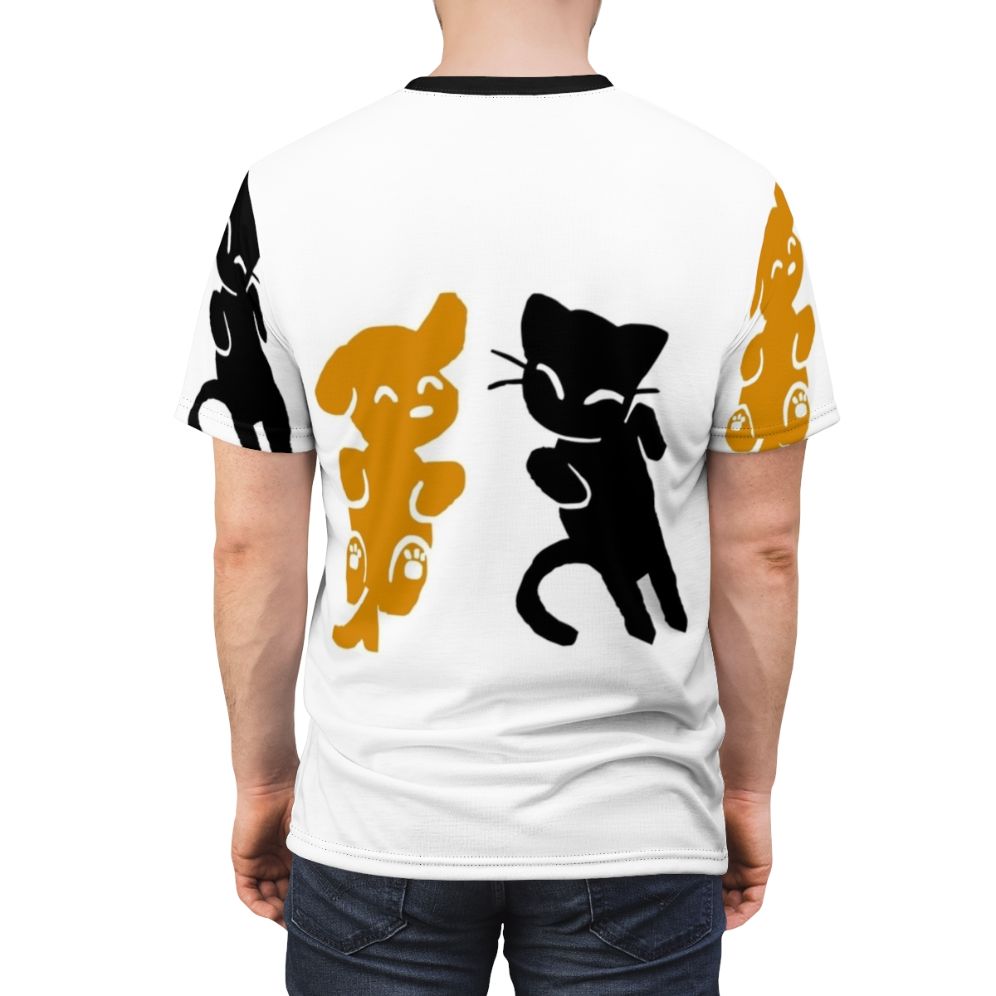 Colorful all-over print t-shirt featuring a cute cat and dog design - men back