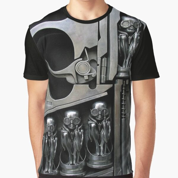 H.R. Giger inspired t-shirt featuring a graphic design of a female sculpture with machinery and alien elements