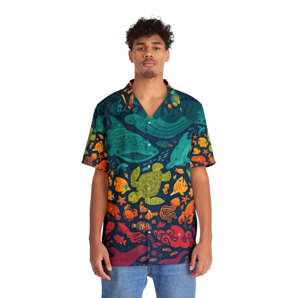 Colorful Hawaiian shirt with a spectrum of aquatic sea life - Lifestyle