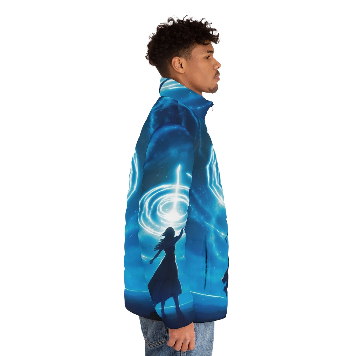 A blue puffer jacket with a silhouette of a woman surrounded by stars and a night landscape - men side right