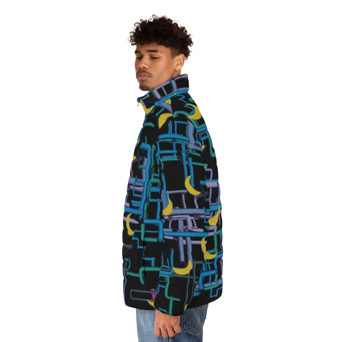 Man wearing a puffer jacket with a complicated shirt pattern, inspired by the TV show I Think You Should Leave with Tim Robinson. - men side left