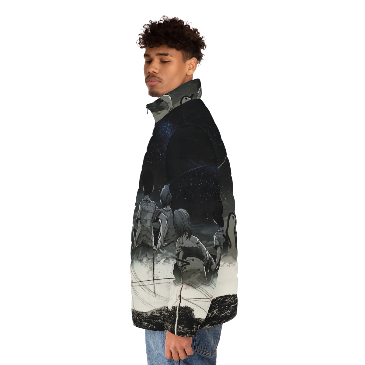 Goodnight Punpun puffer jacket featuring the iconic character Punpun Onodera - men side left