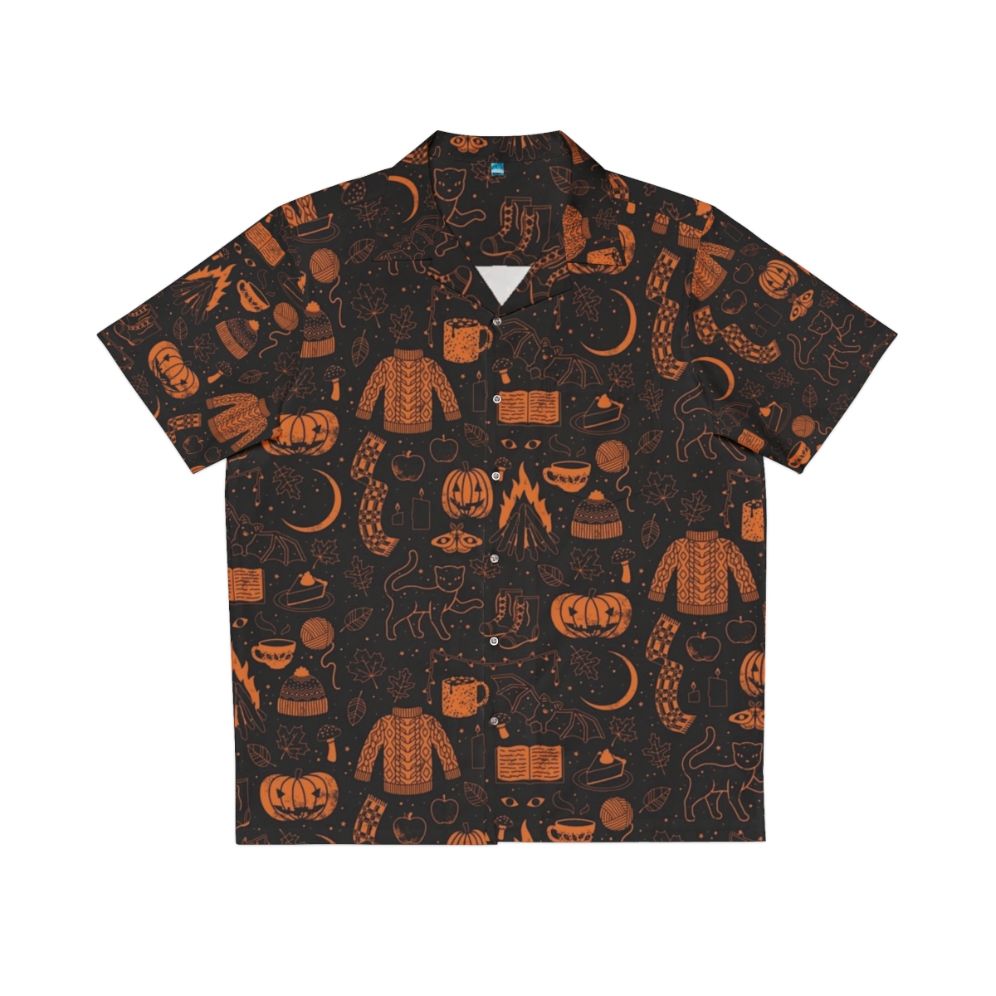 Autumn Nights Halloween Hawaiian Shirt with pumpkins, black cats, and fall foliage