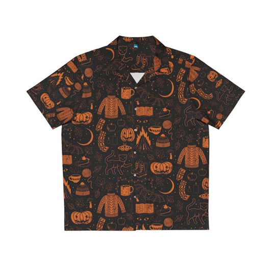 Autumn Nights Halloween Hawaiian Shirt with pumpkins, black cats, and fall foliage