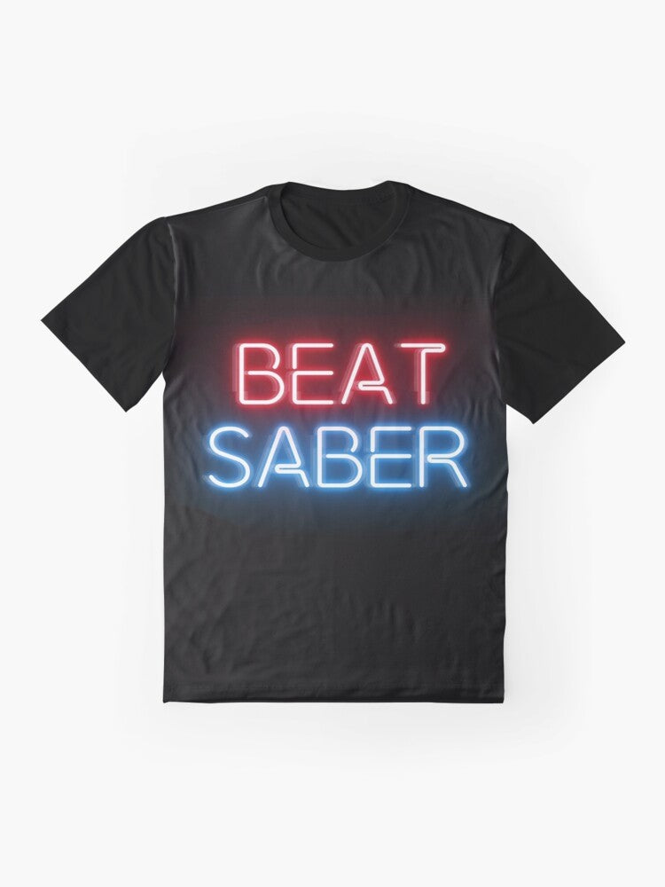 A vibrant and stylish Beat Saber-inspired virtual reality graphic t-shirt. - Flat lay