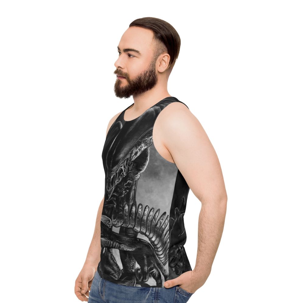 Handdrawn xenomorph alien on a unisex tank top - men side