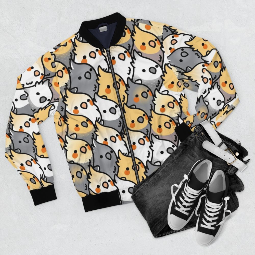 A colorful bomber jacket featuring a repeating pattern of cute cockatiels in shades of white, grey, and orange. - Flat lay